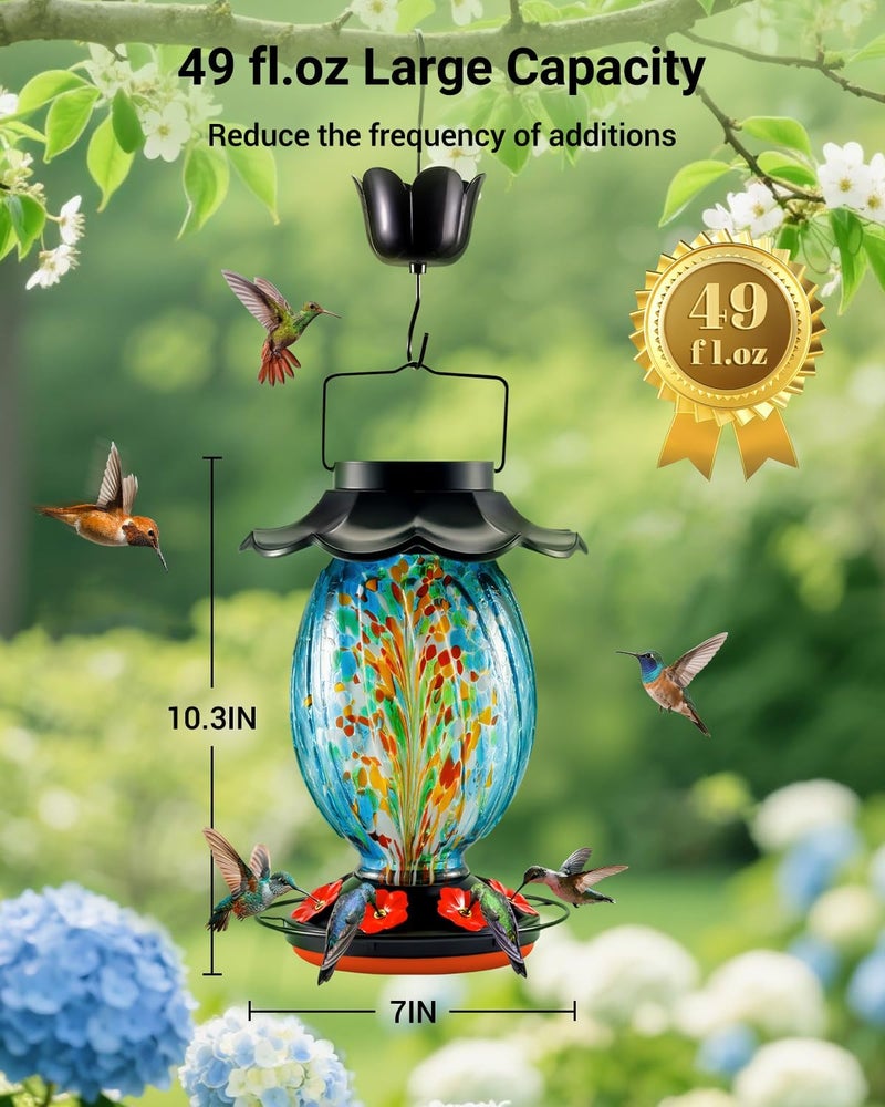 HouseSapp Solar Hummingbird Feeder - 49 fl.oz Hand Blown Glass Color Changing - 7 Feeding Ports with Perch - Never Leak - Perfect Hummingbird Feeder for Outdoors Hanging (Blue) - Image 4